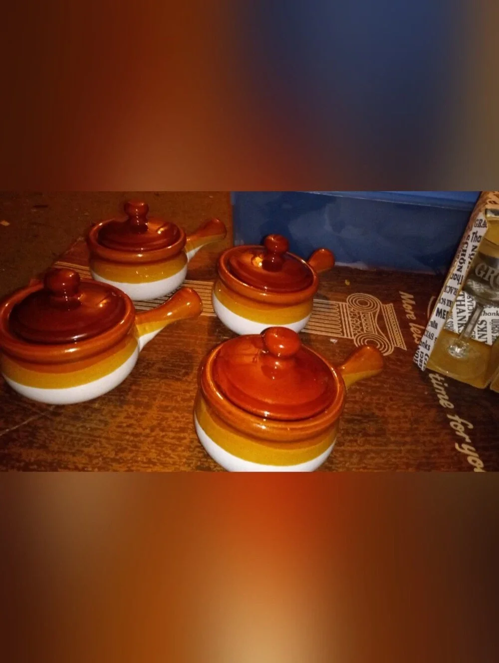 Vintage-style, tri-color glazed stoneware French onion soup crocks